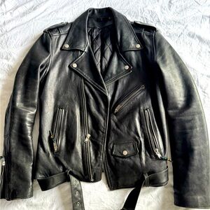 Classic Blk Denim Biker Leather Motorcycle Jacket  L